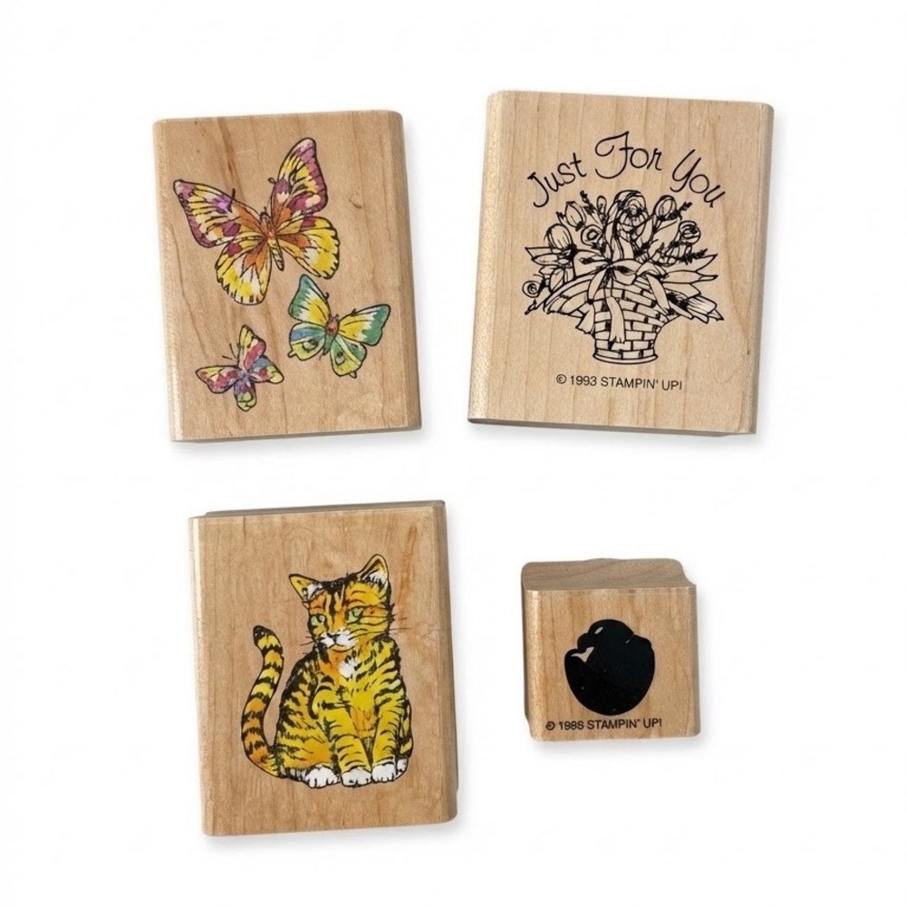 Vintage Stampin Up Wood Rubber Stamps Cat Butterfly Flower Paw Lot 4 1988 1993